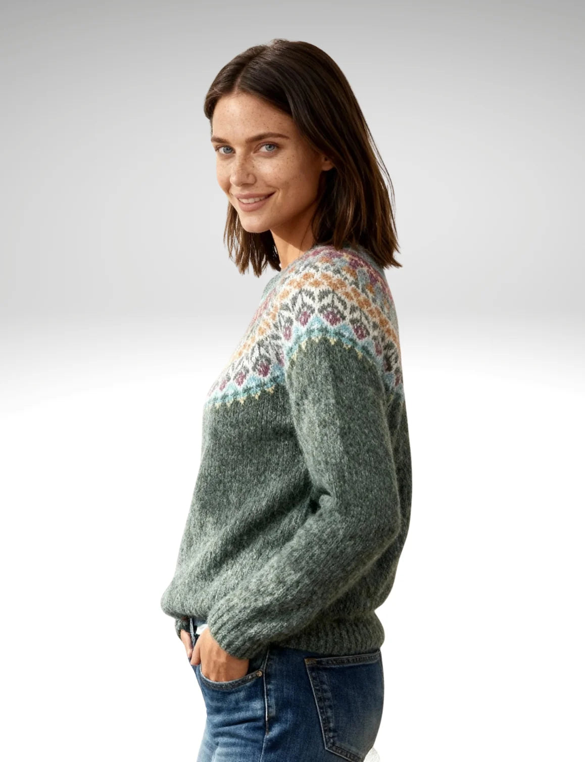 Millfield Moorland Yoke Jumper — Moss Green Multicolour