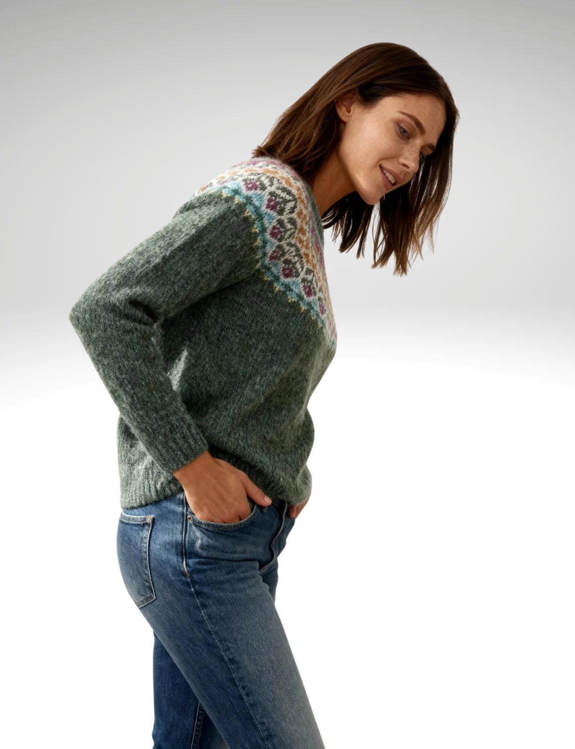 Millfield Moorland Yoke Jumper — Moss Green Multicolour