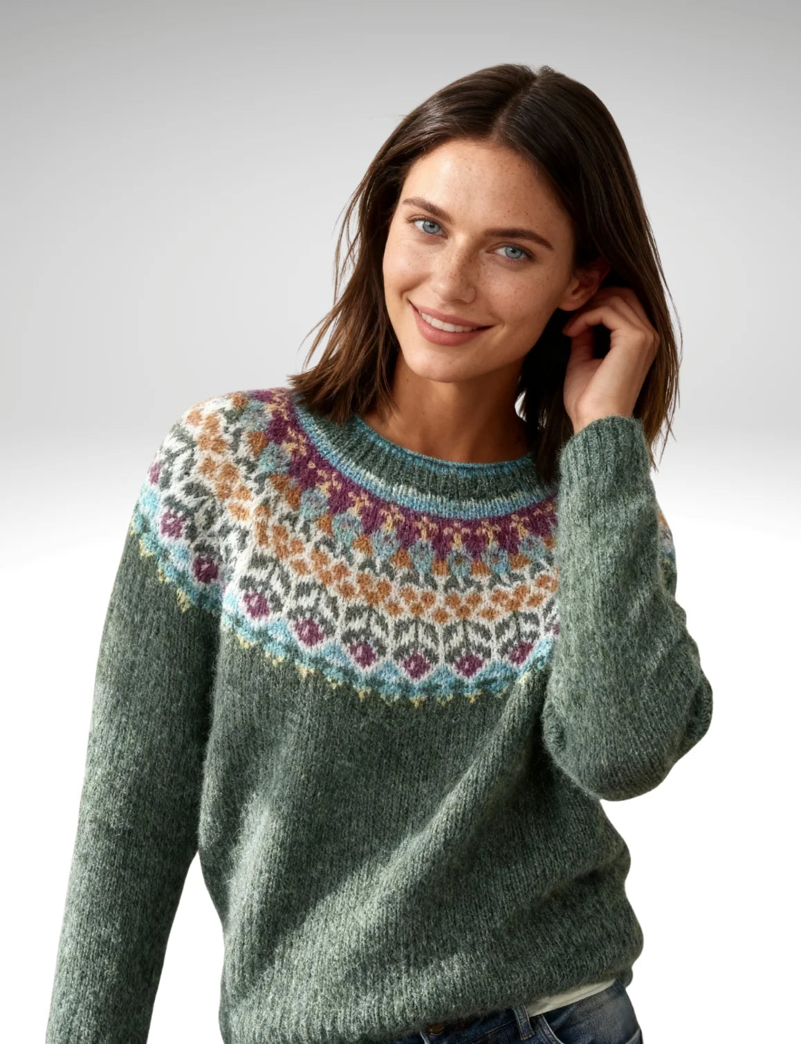Millfield Moorland Yoke Jumper — Moss Green Multicolour